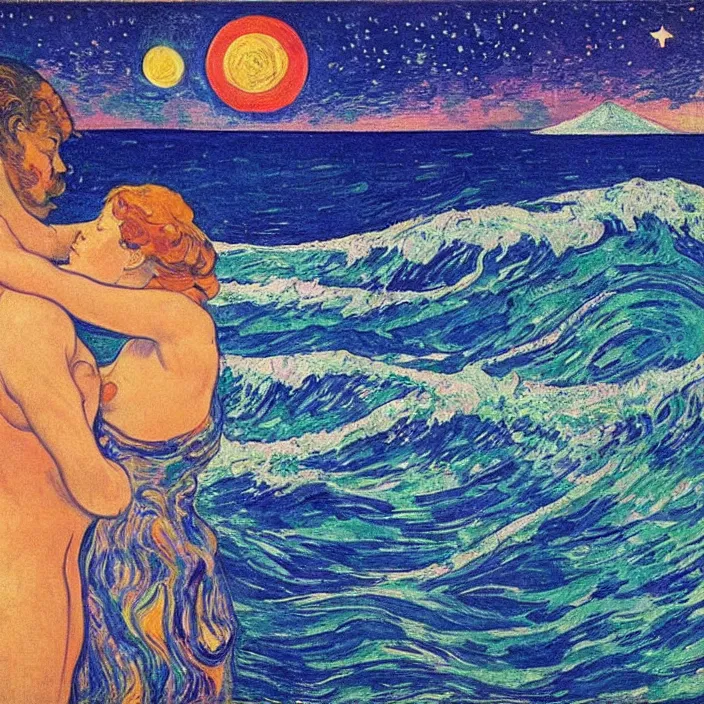 Image similar to close view of woman and man kissing. tsunami great wave, night with stars. iridescent, vivid psychedelic colors. painting by munch, rene magritte, felix vallotton, agnes pelton, egon schiele, henri de toulouse - lautrec, utamaro, monet