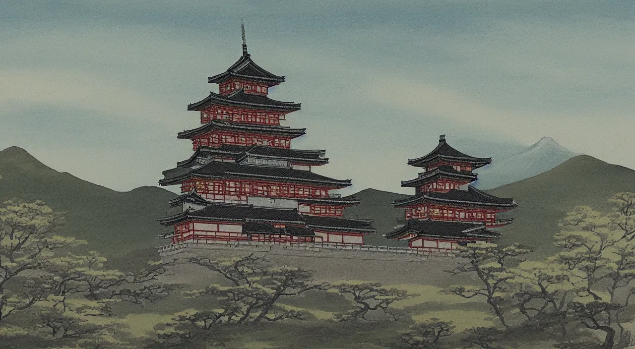 Image similar to a landscape painting of a Japanese castle