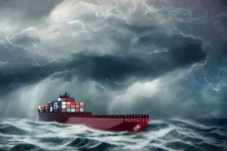 Prompt: container ship in a storm, in the style of vernon grant and chris van allsburg, raging stormy sea, trending on artstation, bright tilt - shift camcorder effect, photoshop, retrowave, hyperrealism, octane, sharp focus, masterpiece