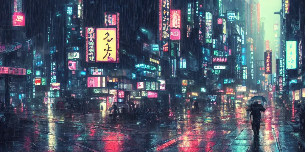 Image similar to Scene of a japanese cyberpunk city in the rain during midnight, neon glow, 4k, cozy wallpaper, trending on Artstation, award-winning, art by Greg Rutkowski