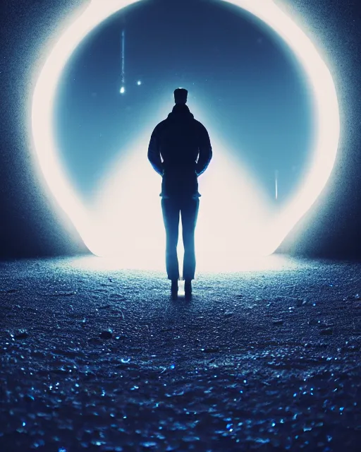 Image similar to a person standing in front of a glowy open door that's on a barren moon, poster art by mike winkelmann, trending on cg society, space art, sci - fi, ue 5, futuristic, volumetric lighting, light casting onto the ground, neat composition and camera angle