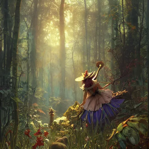 Prompt: alice in wonderland, surreal forest background, dramatic lighting, high detail, painted, by greg rutkowski, painted by stanley artgerm, painted by alphonse mucha, trending on artstation