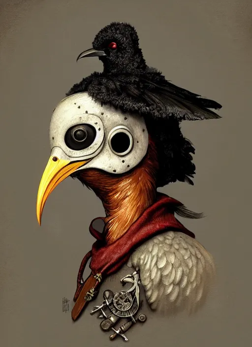 Prompt: rpg! profile!! portrait of humanoid bird on white background, beak, feathers, plague doctor, mushroom, vintage doll, intricate, highly detailed, digital painting, artstation, concept art, smooth, sharp focus, illustration, art by norman rockwell emiliano ponzi andrey remnev yoann lossel aaron jasinski, 8 k