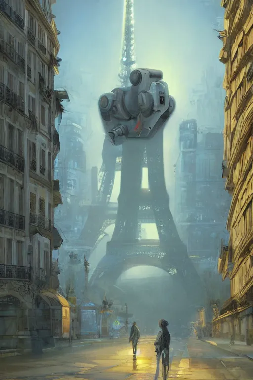 Prompt: paris in the future, robot, ultradetailed, volumetric lighting, digital painting, concept art, illustration, limited color palette, art by greg olsen and liz lemon swindle