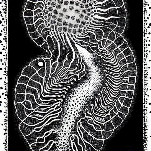 Prompt: a black and white drawing of a variety of sea life and filled with technological space equipment, a microscopic photo by ernst haeckel, zbrush central, kinetic pointillism, bioluminescence, intricate patterns, photoillustration