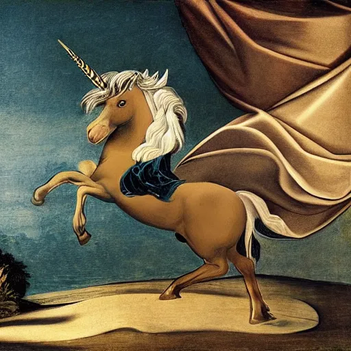Image similar to a unicorn walking on a rainbow, in the style of caravaggio
