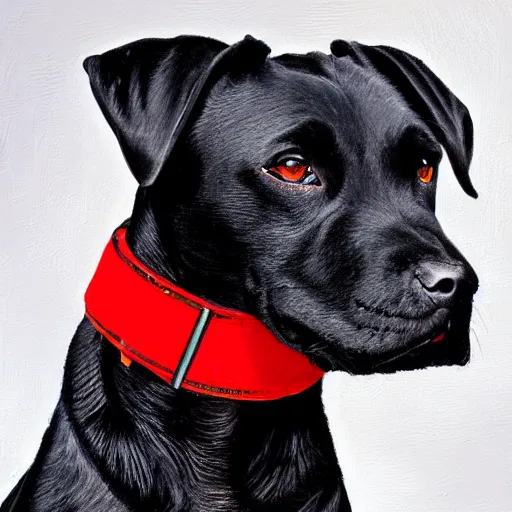 Image similar to painting of a black pitbull lab wearing thin red dog - collar, hyper detailed, thin brush strokes, oil painting