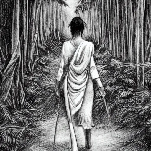 Image similar to bandaged mummy walks through camp, in jungle, pencil drawing, high resolution,