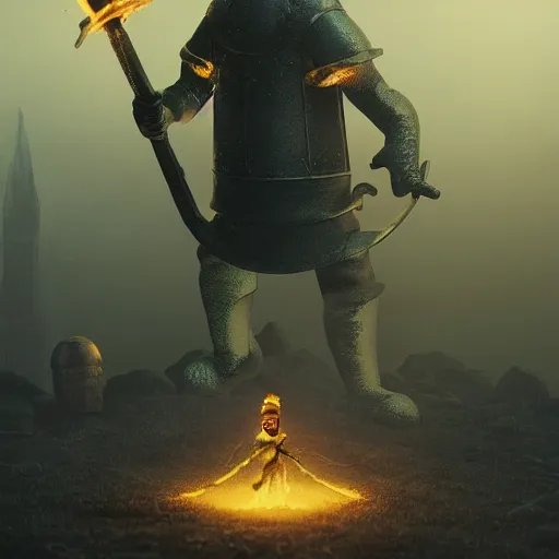 Image similar to tintin as a dark souls boss by mike winkelmann