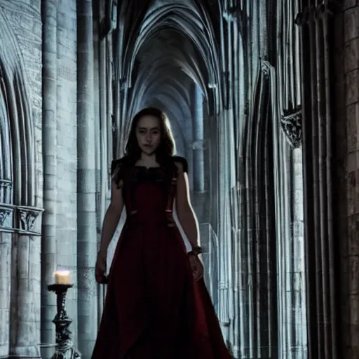 Prompt: emilia clarke as a female demon in a gloomy gothic cathedral at night