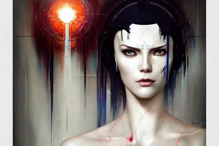 Image similar to a portrait of female mechine from ghost in the shell,by Stanely Artgerm,Tom Bagshaw,Andrei Riabovitchev,aaron horkey,Greg Rutkowski,trending on pinterest,full of color,luxury,mythological,sacred,religious,ultra realistic,high detail,concept art,golden ratio,cinematic lighting H 768