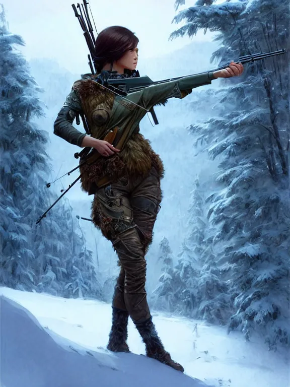 Image similar to a beautiful and aesthetic sniper huntress on the winter valley, aiming the sniper, toward to the camera, hunting the monsters, cynical, dramatic pose, intricate, highly detailed, detailed face, smooth, sharp focus, environmental light, rim light, artgerm, artstation, art by greg rutkowski, ilya kuvshinov, rossdraws, fantasy illustration