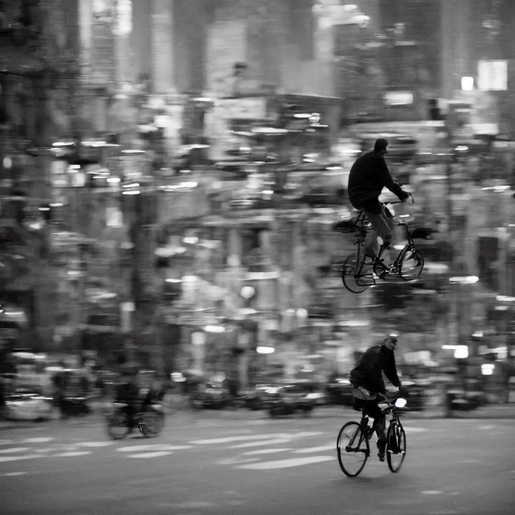 Prompt: a man riding a bike with 50 foot tall wheels the streets of philadelphia at dawn, analog film 8k, movie still, motion blur, grainy Tri-x pushed to 3200, tilt-shift, holga