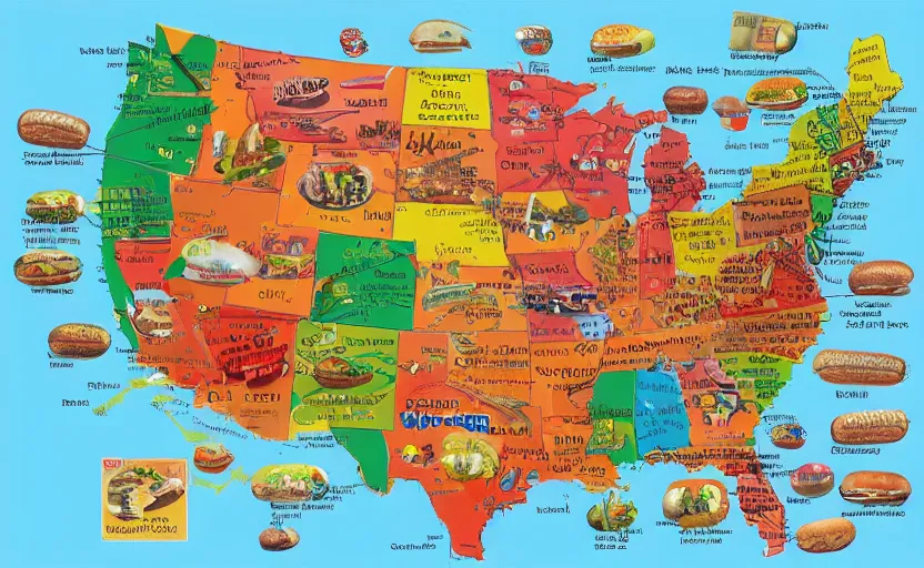 Image similar to hot dogs across america map, detailed, map key, tourist map, brochure