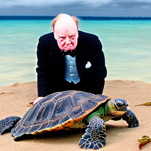 Prompt: An astonished Winston Churchill discovers the first turtle ever in Galapagos, national geographic, XF IQ4, fstop8, ISO 200, 1/160s, 4k, 8K, RAW, directed gaze