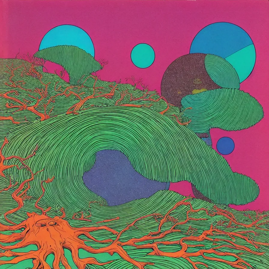 Image similar to ( ( ( ( ( forest on a mysterious planet ) ) ) ) ) by mœbius!!!!!!!!!!!!!!!!!!!!!!!!!!!, colorful, record jacket