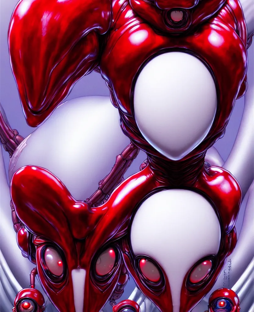 Image similar to an alien with 4 eyes and a white and red body, digital art, trending on artstation, symmetric, hyperrealistic, by yoshitaka amano, by yukito kishiro, by yoshiyuki sadamoto