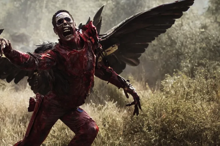 Image similar to film still of zombie zombie Sam Wilson falcon with wings out in new avengers movie, 4k