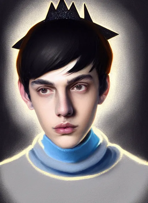 Image similar to portrait of teenage jughead jones wearing a light grey crown, crown, blue turtleneck, closed eyes, photorealistic, black hair, intricate, elegant, glowing lights, highly detailed, digital painting, artstation, concept art, smooth, sharp focus, illustration, art by wlop, mars ravelo and greg rutkowski