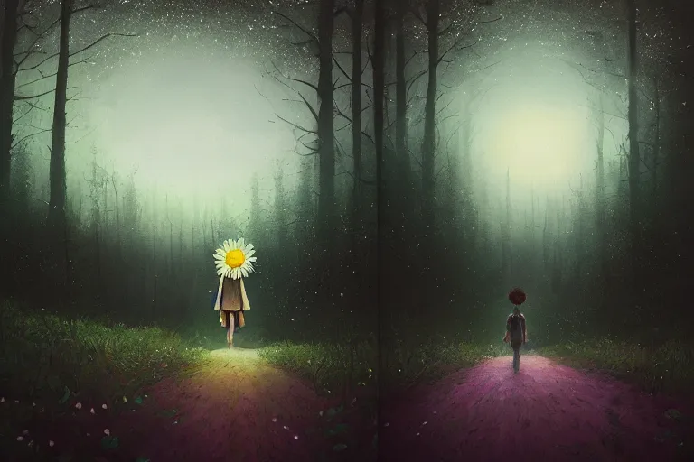 Image similar to giant daisy flower as head, girl walking in forest, surreal photography, dark night, stars, moon light, impressionist painting, clouds, digital painting, artstation, simon stalenhag