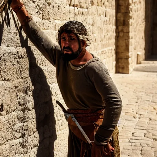 Image similar to award winning cinematic still of 40 year old Mediterranean skinned man in Ancient Canaanite clothing building a wall in Jerusalem, holding a sword and a chisel, dramatic lighting, strong shadows, directed by Peter Jackson