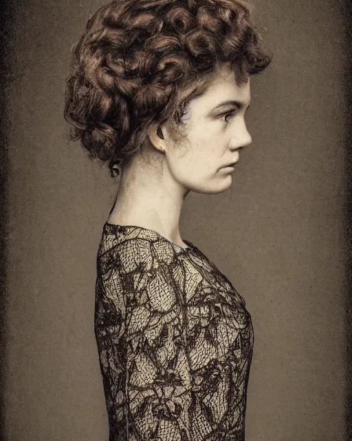 Image similar to a woman's face in profile, made of intricate decorative lace leaf skeleton, in the style of the dutch masters and gregory crewdson, dark and moody