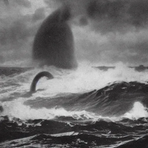 Prompt: giant anomalous creature in the middle of a violent stormy ocean, 1900s photograph