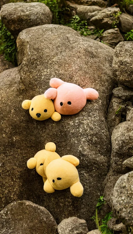 Prompt: 50mm f/2.3 wide shot photograph of two Rilakkuma plushies cuddling floating in midair after a long day, depth of field, dappled in evening light, like an Iwagumi Aquascape by Toshiko Mori, partially submerged hidden in the mist