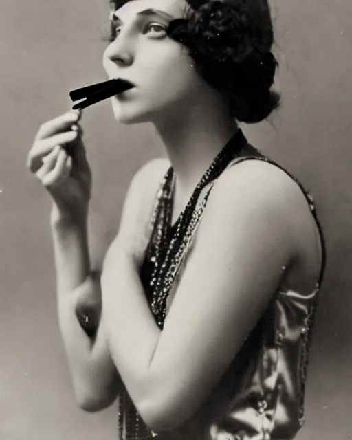 Image similar to 1 9 2 0 s photo of a beautiful flapper girl smoking a juul ecig vape