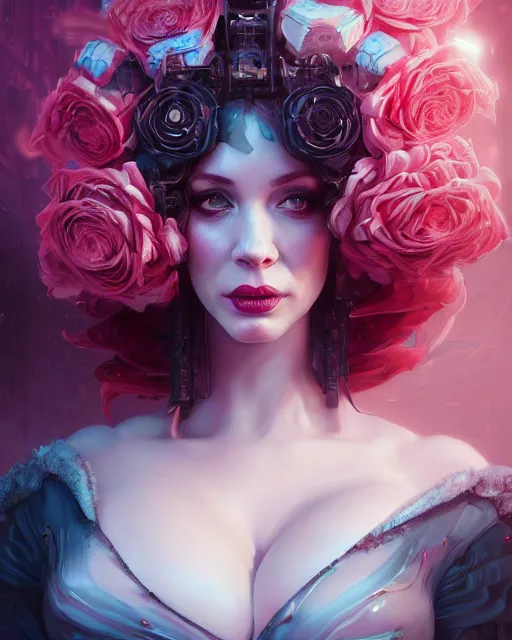 Image similar to portrait of christina hendricks with roses, baroque, cyberpunk cyborg. roses, sci - fi, intricate abstract upper body intricate artwork, by tooth wu, wlop, beeple, dan mumford. concept art, octane render, deviantart, greg rutkowski, cinematic arthouse, key art, hyper realism, iridescent accents