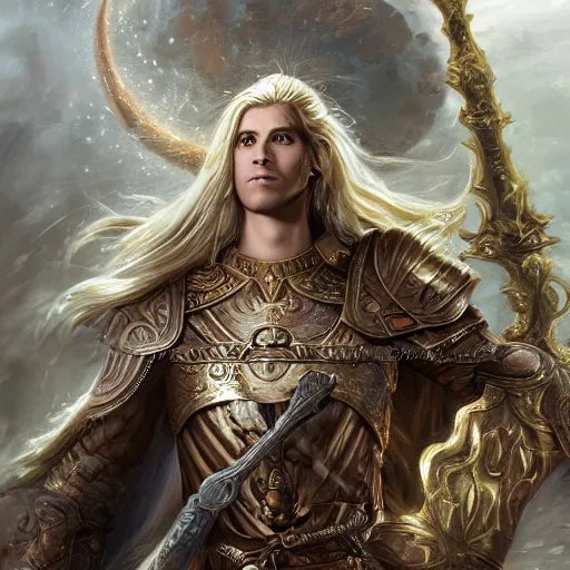 Image similar to Full body shot of beautiful male cleric with long flowing blonde hair wearing burnished bronze armour emblazoned with a swan on the breastplate. Wielding a magical scimitar embossed with the phases of the moon. Magic, bright divine lighting, flux. High fantasy, digital painting, HD, 4k, detailed by Ruan Jia