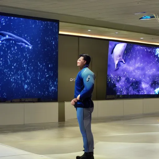 Prompt: a starfleet captain who is a dolphin human hybrid stands before a screen displaying the starfield around them, hyper realistic, highly detailed