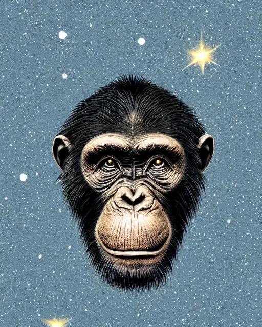 Image similar to blue, gold, very detailed high resolution illustration portrait of a chimpanzee head floating in space, backlit, night covered in stars, 3 d, 8 k, extremely detailed, artstation, award winning, sharp focus, illustration