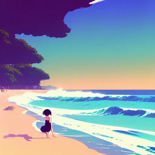 Image similar to Beautiful beach, crashing waves, Australian summer, muted colors, matte print, pastel colors, ornate, digital art, digital painting, fan art, elegant, pixiv, by Ilya Kuvshinov, by Studio Ghibli