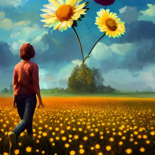 Image similar to giant daisy flower as face, full body, girl walking in a flower field, surreal photography, sunrise dramatic light, impressionist painting, colorful clouds, digital painting, artstation, simon stalenhag, flower face