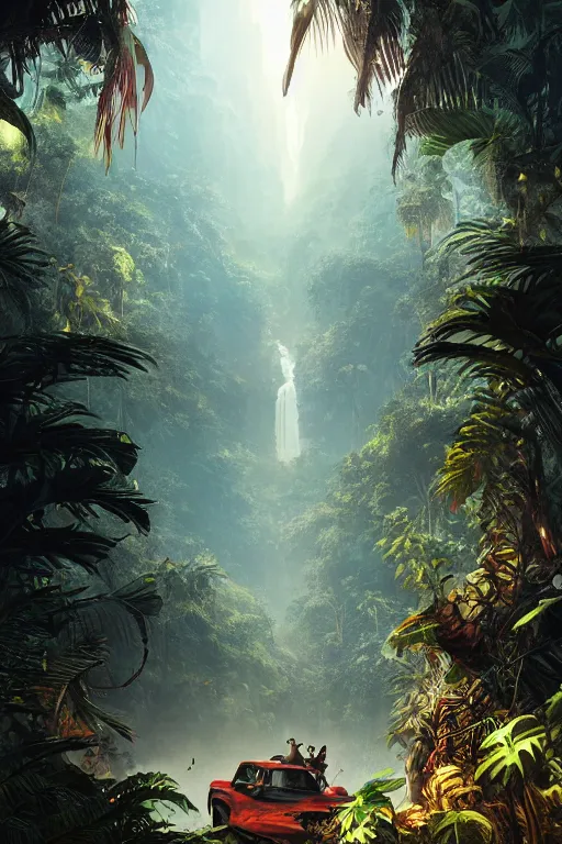 Image similar to Poster, adventure travel to the exotic jungle, vintage Film Poster, illustration, dramatic lighting, cinematic, establishing shot, extremly high detail, photo realistic, cinematic lighting, post processed, concept art, artstation, matte painting, style by eddie mendoza, raphael lacoste, alex ross