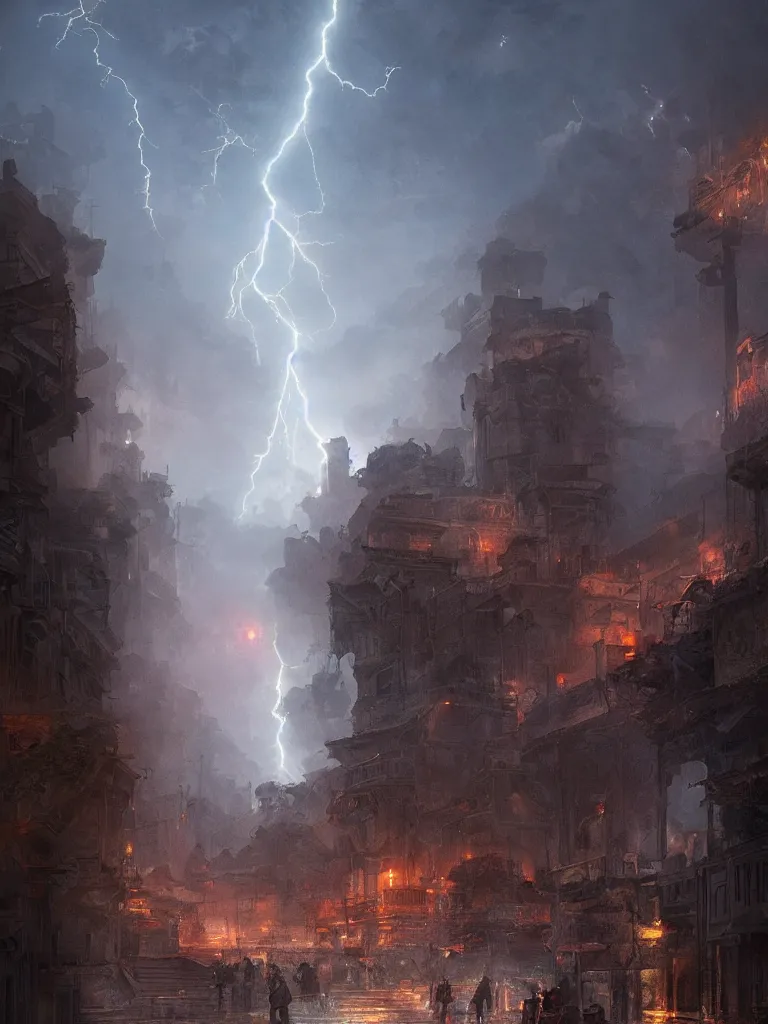 Image similar to epic scenery ancient city of troy under a sky full of lightning, intricate, elegant, volumetric lighting, digital painting, highly detailed, artstation, sharp focus, illustration, concept art, ruan jia, steve mccurry