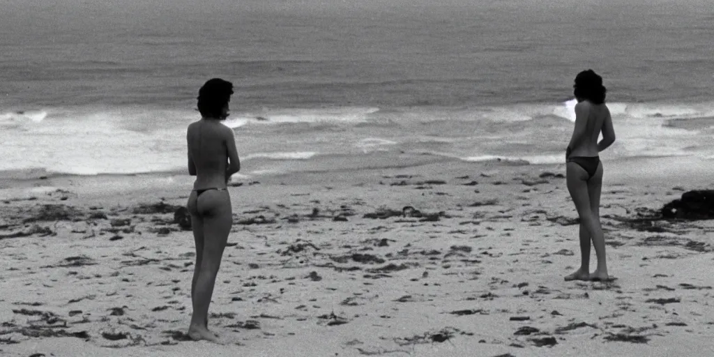 Image similar to color film still, view from behind, a woman in black bikini standing on the beach ; alien 2 ( 1 9 8 6 )
