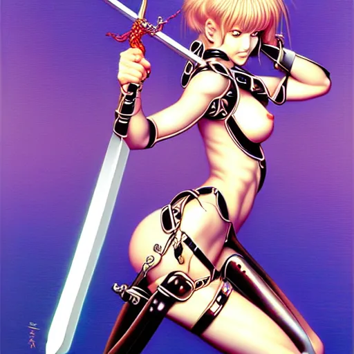 Image similar to pixel girl with sword, by hajime sorayama