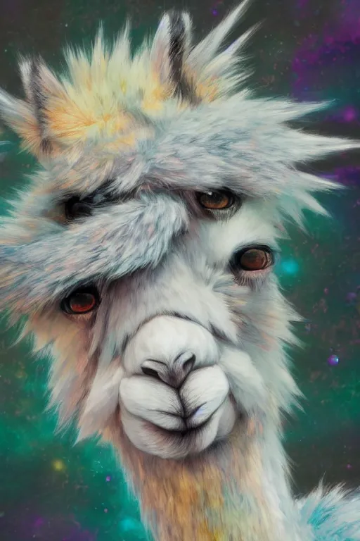 Image similar to Highly detailed anime mixed with pastel impasto, wild fluffy llama portrait, studio Ghibli, Makoto Shinkai,