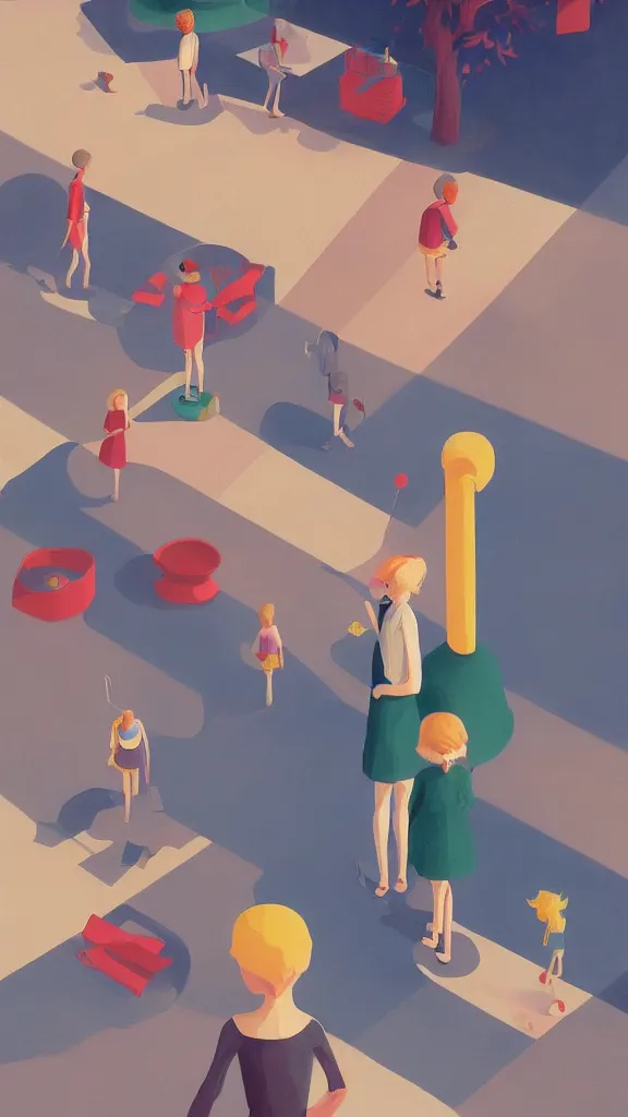 Prompt: tall blonde girl alone in playground, fun whimsical surreal illustration, by atey ghailan and escher and edward hopper,