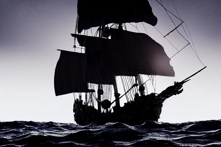 Image similar to the black pearl from pirates of the caribbean sailing across rough and cruel seas, volumetric lighting, f 8 aperture, cinematic eastman 5 3 8 4 film