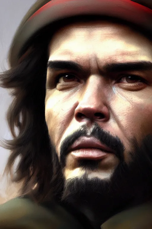 Image similar to ultra detailed close up face portrait of che guevara, extremely detailed digital painting, in the style of fenghua zhong and ruan jia and jeremy lipking and peter mohrbacher, mystical colors, rim light, beautiful lighting, 8 k, stunning scene, raytracing, octane, trending on artstation