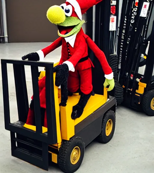 Prompt: count von count puppet, driving a forklift