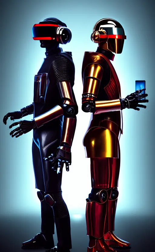 Image similar to portrait of 2 Daft Punk Robots, Cyberpunk 2077, looking at camera, intricate, dystopian, sci-fi, extremely detailed, digital rendering, octane render, artstation, concept art, smooth, sharp focus, intimidating lighting, chrome reflexions, incredible art