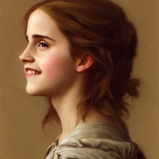 Image similar to Painting of Emma Watson as Hermione Granger. Young. Smiling. Happy. Cheerful. Prisoner of Azkaban. Art by william adolphe bouguereau. Extremely detailed. Beautiful. 4K. Award winning.