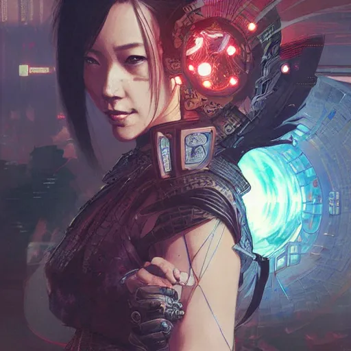 Image similar to cyberpunk samurai ,with techware , D&D, intricate, elegant, highly detailed, digital painting, japanese , altered carbon style,trending on artstation, concept art, illustration, art by Artgerm and Greg Rutkowski and Alphonse Mucha