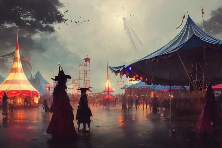 Prompt: close - up of student witches exploring small carnival amusement, food stalls, big top circus tent, roaming entertainers, flashing lights, highly detailed, magical, japan mountains, digital painting, concept art, matte, art by ruan jia and wlop and greg rutkowski and makoto shinkai, masterpiece