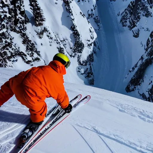 Image similar to skier in orange snow pants and black jacket skiing down a steep mountain face , aerial drone footage,