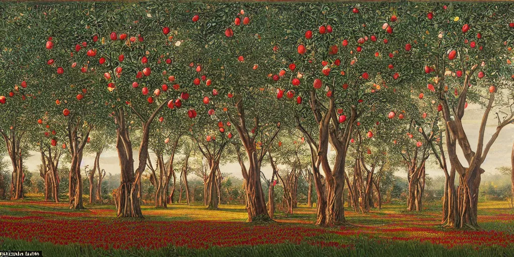 Prompt: ornate resplendent art of a supernatural grove of incredibly tall apple trees with branches laden with red apples, trunks stretch and twine upwards forming a vast colonnades that extend out in thin rows far into the distance, rolling hillocks of lush green grass, translucent leaves forming unbroken thick canopy set alight with a fragile late-afternoon sunlight that refracts off the apples brushed pink and red with exposure, a slight mist wafts through the trunks, by Darek Zabrocki, Marcin Rubinkowski, Lorenzo Lanfranconi, Oleg Zherebin, Karlkka, trending on Artstation deviantart